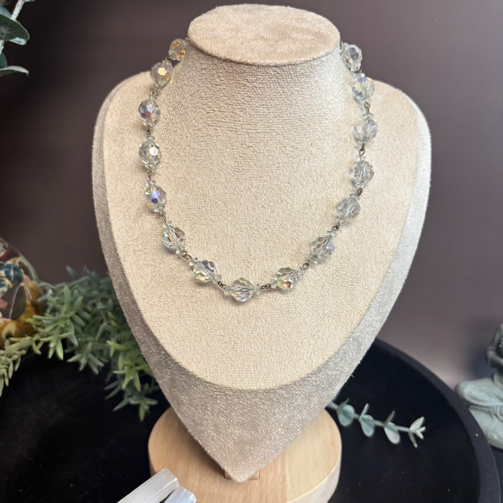 Vintage Clear AB Glass Bead Necklace | Faceted 14 Inch‎ Choker | Soft Sparkle